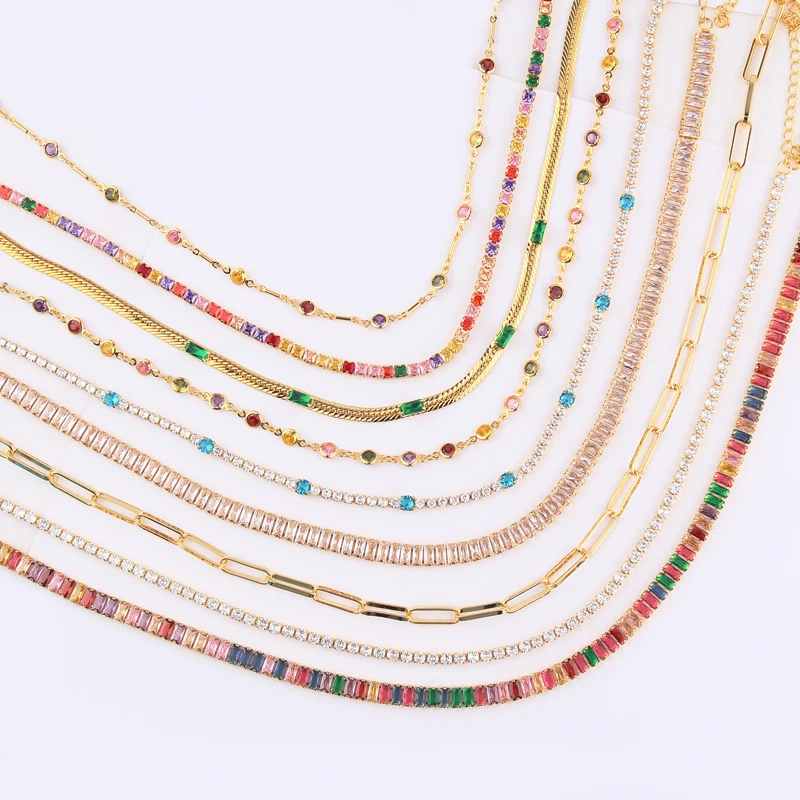 Gold Filled High Quality Rainbow Cubic Zirconia Tennis Choker Necklaces For Women Luxury Colorful Crystal Chain Necklace Jewelry