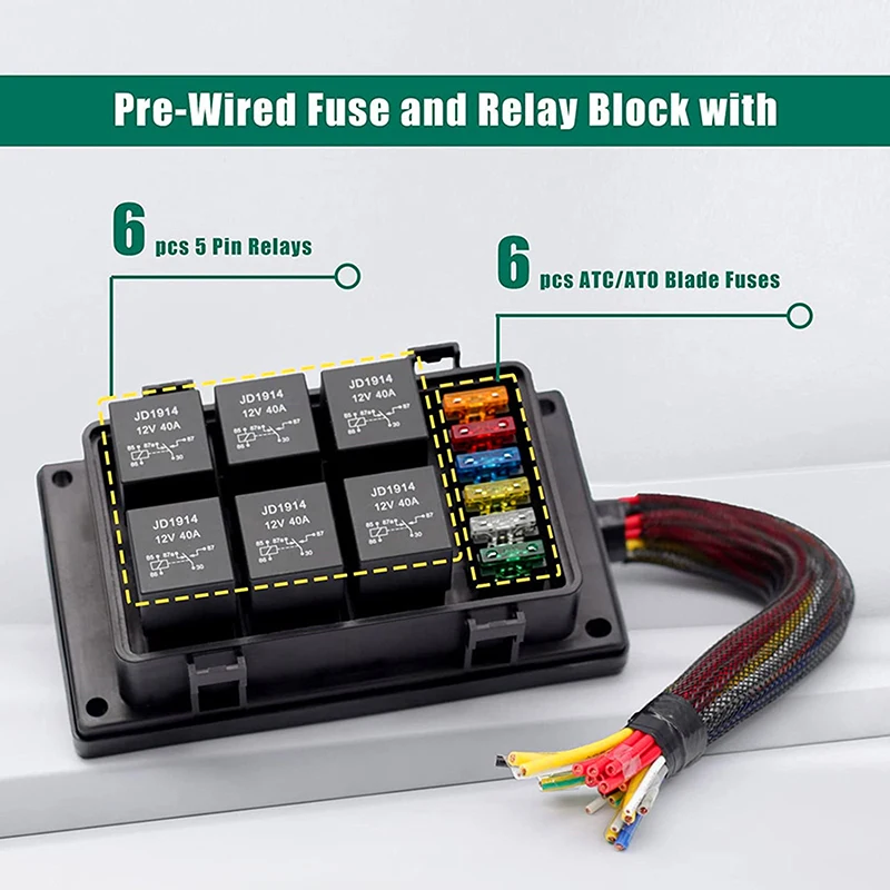 24V 12V Relay Box 6 Way Relay Fuse Box 12 AWG Pre-wired Waterproof Relay Box 6 Slot ATC/ATO Fuse Relay Block for Car Marine