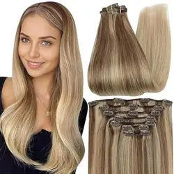 Full Shine Clip in Haar verlängerungen Echthaar Balayage Farbe 10 goldbraun verblassen auf 16 gold blonde Highlight Schuss Haar