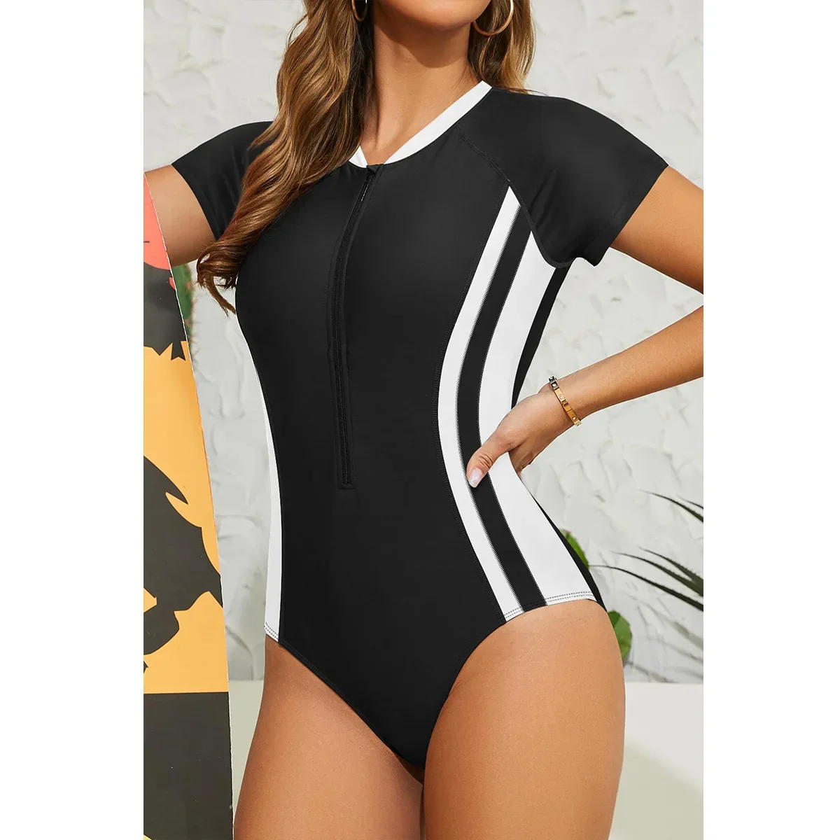 2024 Sexy Zipper Short Sleeve Slim Women One Piece Swimsuit Monokini Black White Swim Bathing Suit Swimwear Female Surf Clothes
