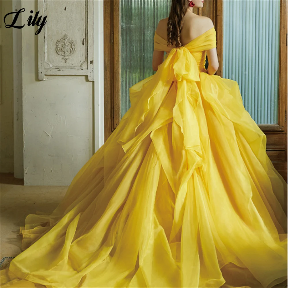 Lily Yellow A Line Chic Woman Evening Dress Gown Off the Shoulder Tulle Ball Gown Tiered Layer Night Dress Gown robes de soirée