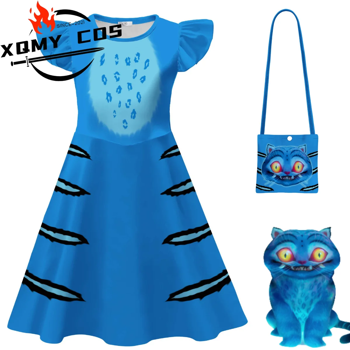 

XqNew Anime Movies KPop Demon Hunters Rumi Mira Zoey Cosplay Costume Blue Tiger Printing Cute Dress Bag Girl Christmas Suit