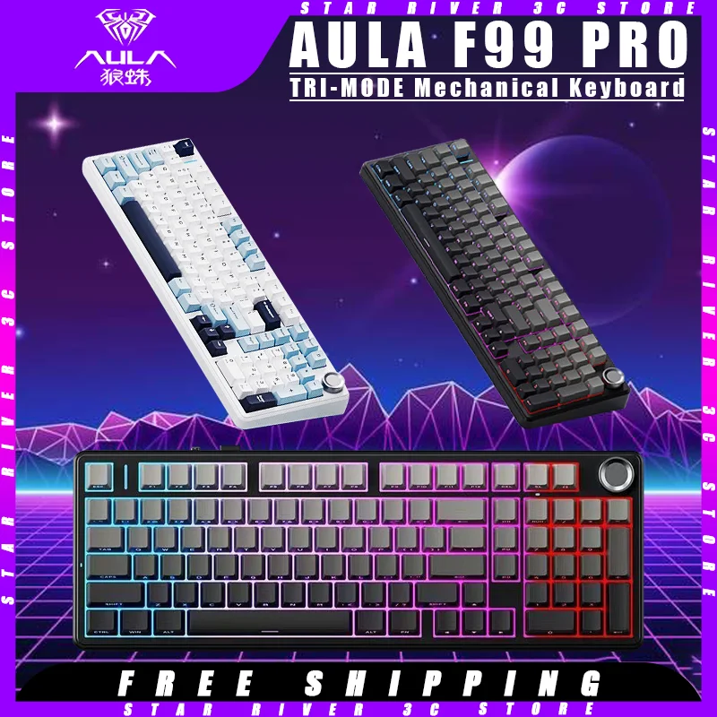 AULA F99 PRO Mechanical Keyboard Three Mode Wireless Function Knob Hot Swap Customized Rgb Gaming Keyboard Computer Accessories