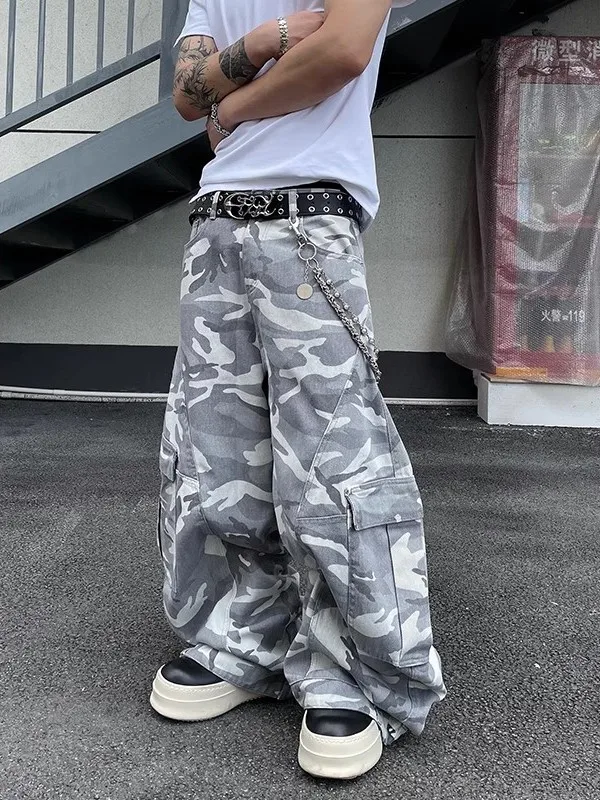 

Американские камуфляжные рабочие брюки в стиле ретро, мужские свободные широкие брюки, повседневные брюки с несколькими карманами High Street, деконструированный дизайн