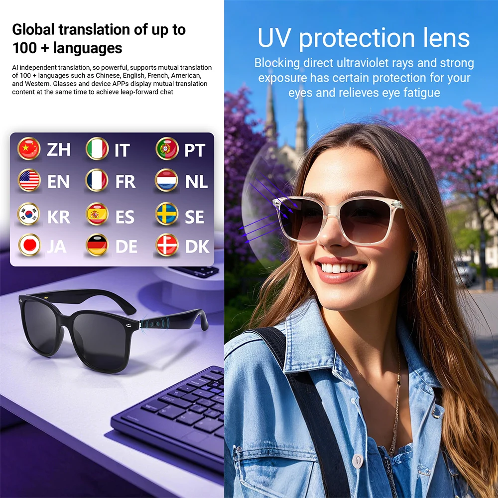 JT-GY500 Bluetooth Audio Smart Sunglasses AI Translation Smart Wireless Glasses UV400 Support 100+ Languages Outdoor Glasses