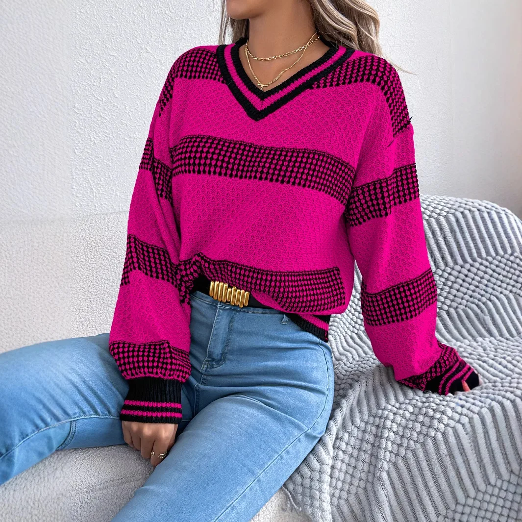 

2025 Autumn and Winter European and American V-neck Contrasting Striped Lanterns Long-sleeved Pullover Sweater Women Clothing