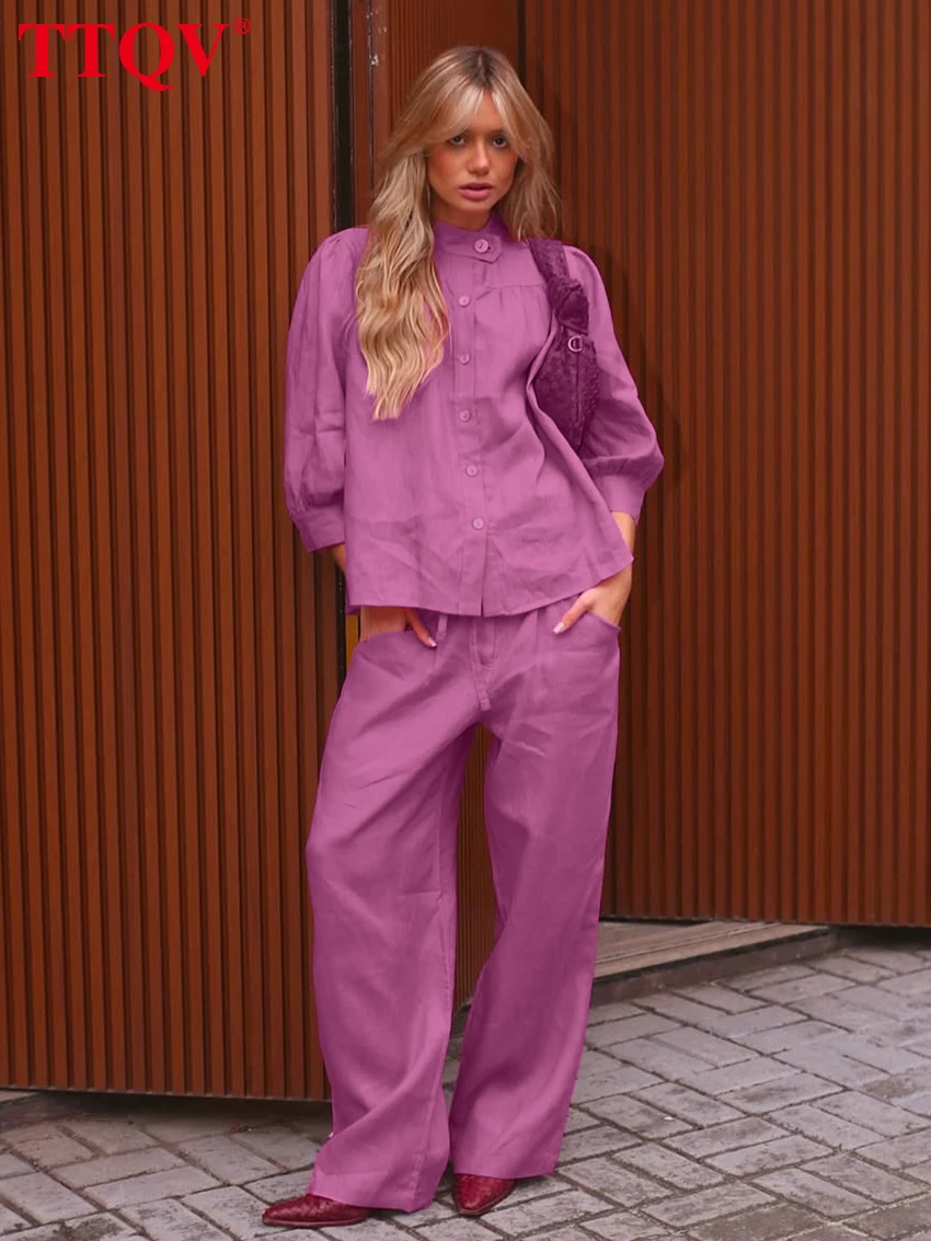 

TTQV Fashion Loose Pink Cotton Women's Two Pieces Set 2026 Elegant Long Sleeve Shirt With High Waist Wide Pants Set Female Cloth