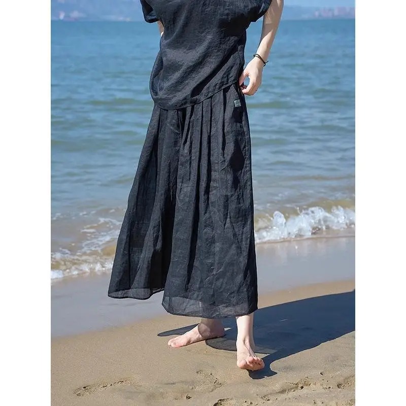 New 2025 Summer Arts Style Women Elastic Waist Calf-length Wide Leg Pants Black light Ramie Vintage Loose Casual Pants 1081