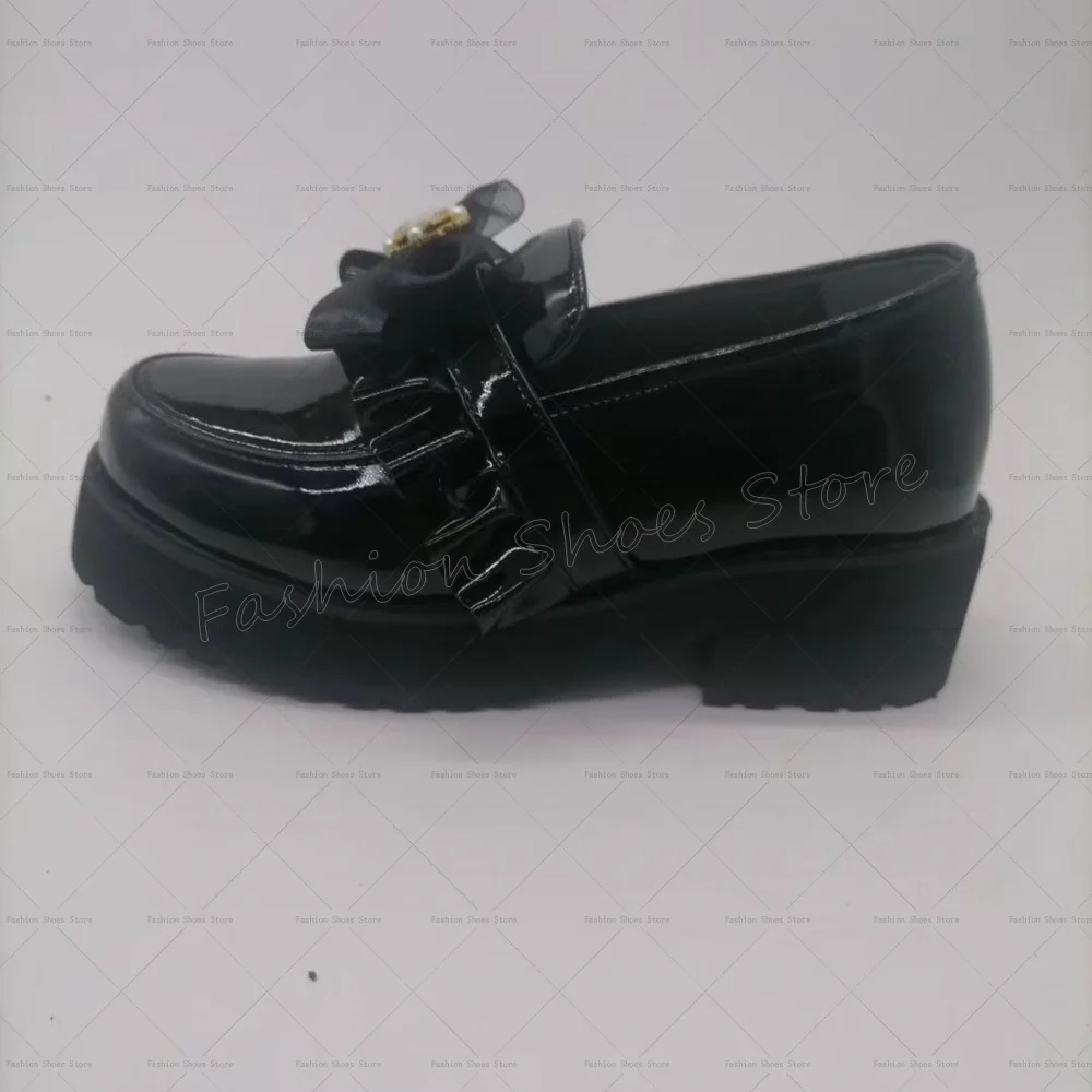 Nodo con fiocco nero Décolleté con punta tonda Décolleté in pelle verniciata Tacchi alti robusti Scarpe con tacco alto per donna Tacchi 2025 Nuovi Zapatos Para Muje