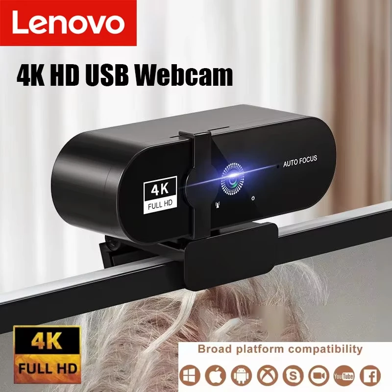 Caméra 4k Lenovo pour ordinateur, caméra HD, microphone intégré, caméra réseau, caméra vidéo Web pour réunions en ligne, diffusion en direct