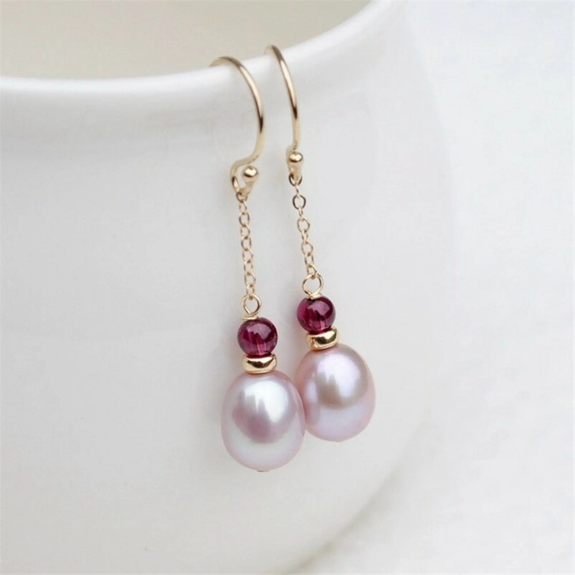 

Pink Pearl Garnet Gold Filled Handwork Dangle Link Earring Silver Wedding Bridal Gold Ear Crystal Party Hoop