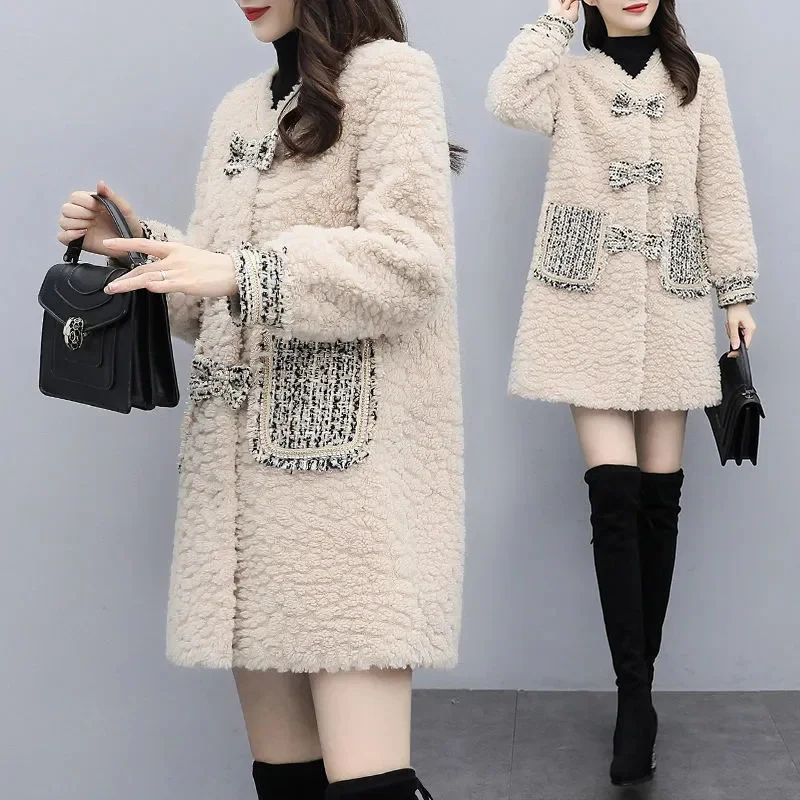 

Xiaoxiang Winter 2022 New Granular Sheep Sheardown Coat Women's Fashion Fur Round Collar Lamb Wool Coat Medium Long Solid Color