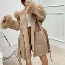2024 Casual Winter Cashmere Coat Women Real Fur Coat Mid-length Wool Jacket Camel Black Outerwear Fox Fur Collar and Cuffs Belt