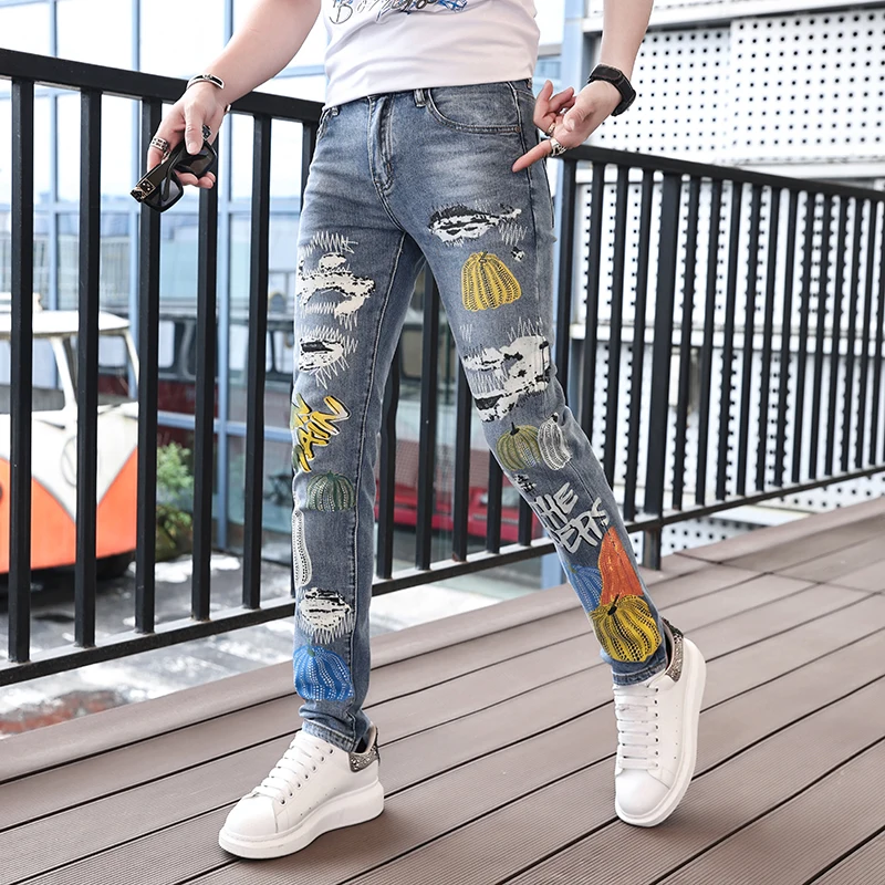 2024Summer Thin Street Personalized Stylish Print Jeans Men's Casual Light Luxury Fashion Elastic Slim Fit Long Skinny Pants