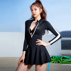 Wisuwore Korean One Piece Swimsuit Women Long Sleeves Zipper Rash Guard Short Pants Skirt Monokini Quick Drying Surfsuit