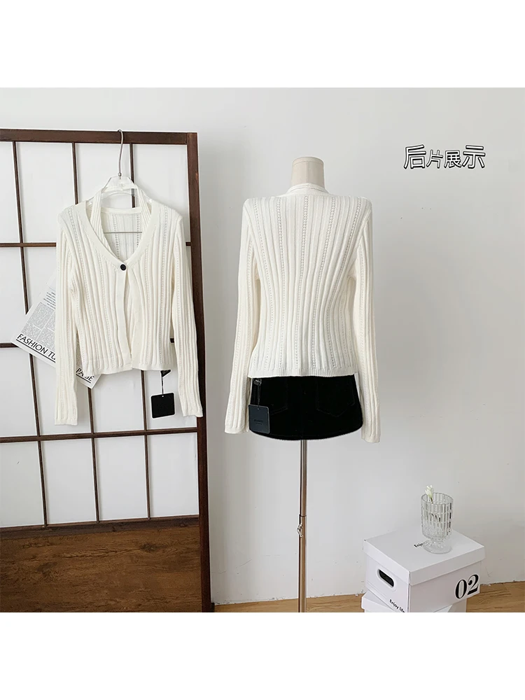 French White Knitted Cardigan Single Breasted Sweater V-Neck Long Sleeve Spliced Fake Two Pieces Jumper Streetwear Mori Girl Y2k