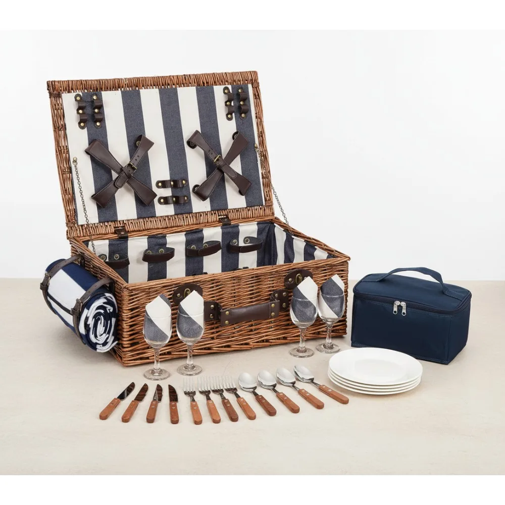 

Extra Large Wicker Picnic Basket Set for 4 Persons with Waterproof Blanket & Cooler - Perfect for Outdoor Family Gatherings