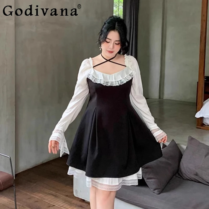 

3XL Black White Contrasting Color Long Sleeve Sweet Age-reducing Lolita Dress Girl Spring V-neck High Waist A-line Short Dresses