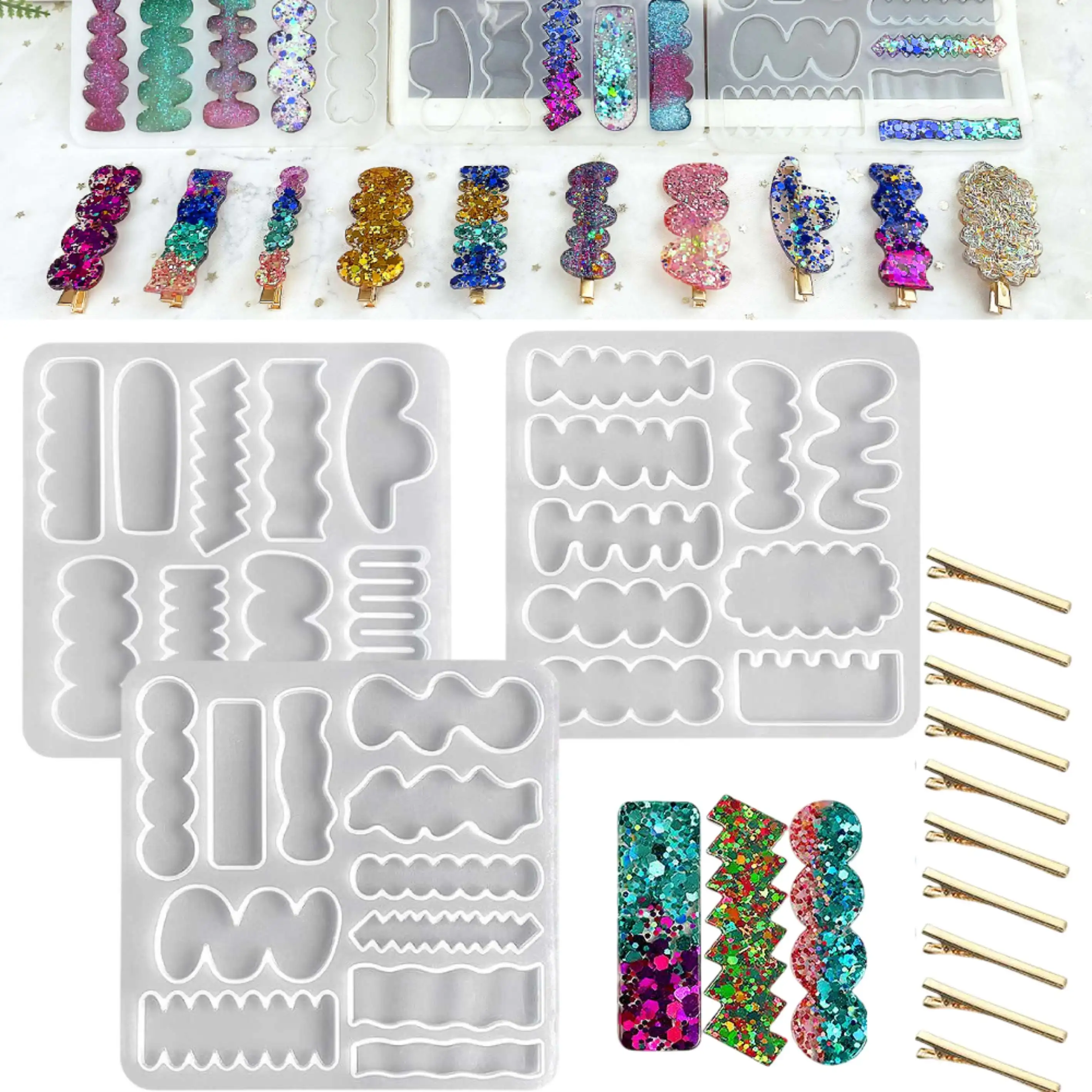 13pcs DIY Hairpin Mold Set, Including 3 Silicone Molds and 10 Duckbill Clips - Irregular-shaped Silicone Molds, Suitable for Resin/soft Clay Casting, Braiding, Updos, Ponytail Styling - Specialized for Hair Accessory Making (Without Casting