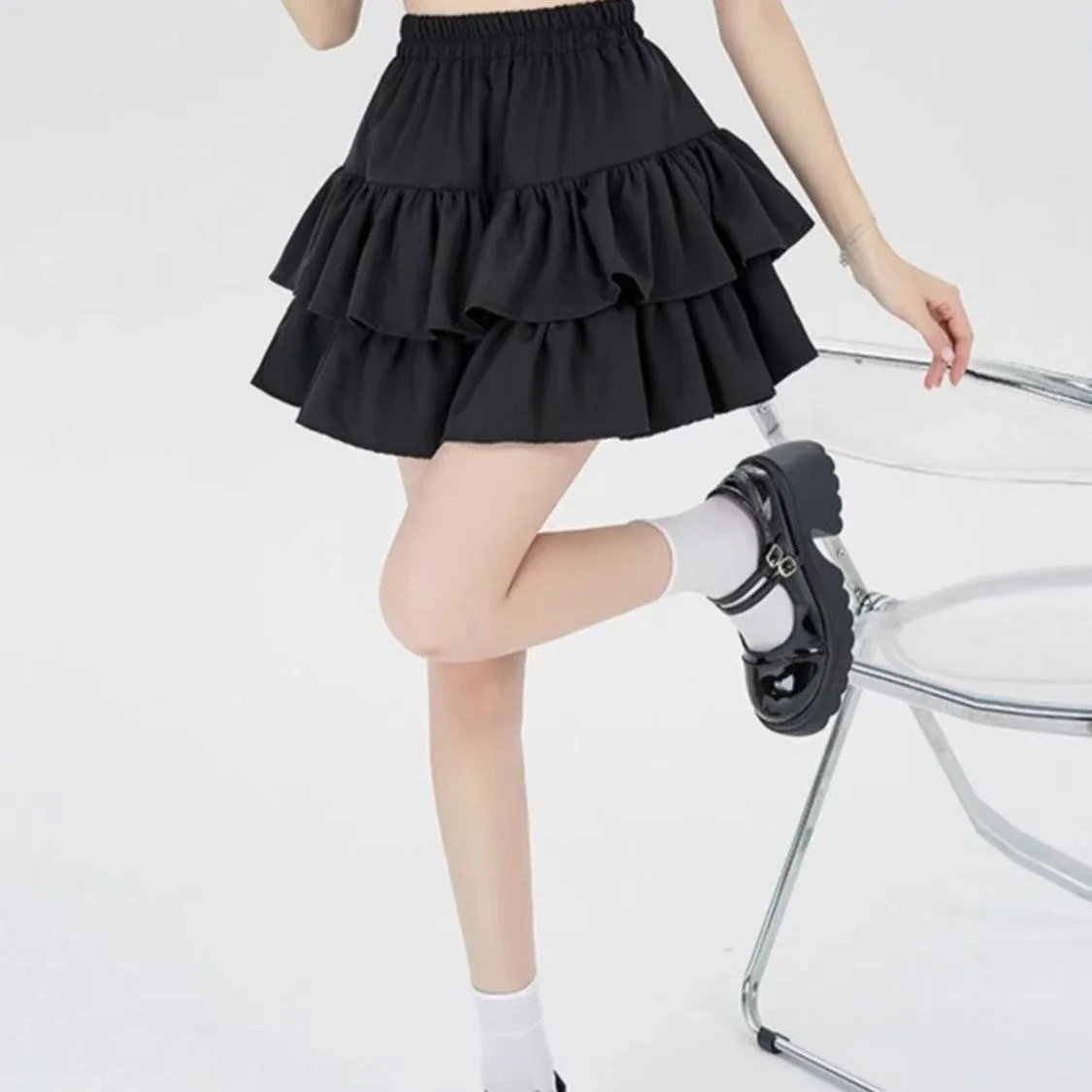 

Многослойная короткая юбка с высокой талией, чистый цвет, смесь полиэстера без железа, летний дизайн торта, милая юбка до половины тела