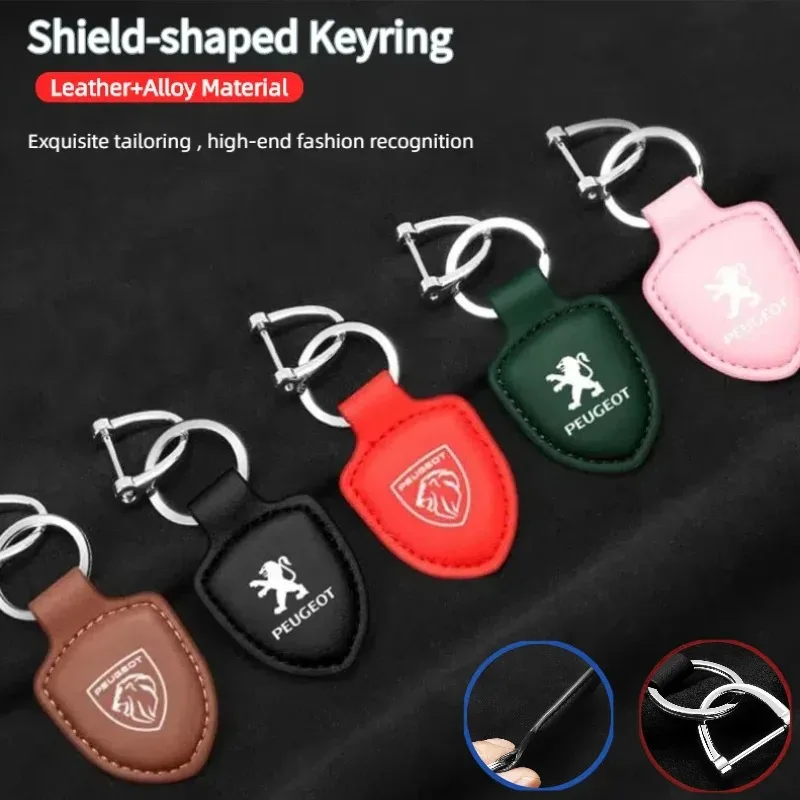 Genuine Leather Car Keychain Key Ring Anti Lost Pendant For Peugeot 3008 5008 208 308 508 2008 408X 108 Wheel Center Cap view 4