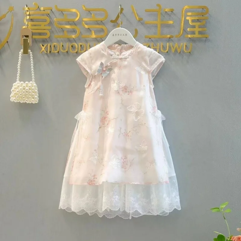 Girls' Cheongsam Dress Summer New Style Children's Short sleeved Sweet Lace Dress Chinese Style 100-160CM