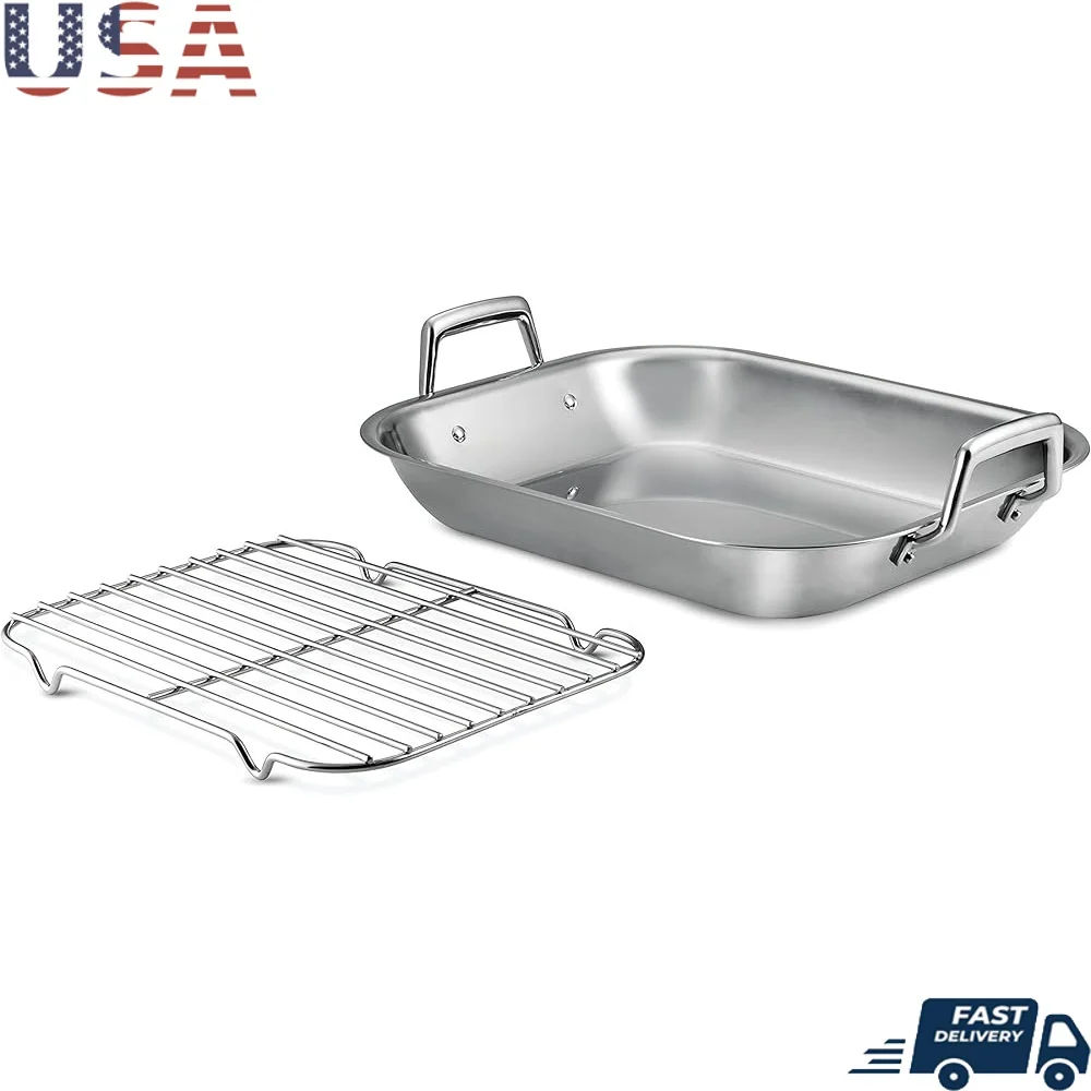 

Heavy-Duty Stainless Steel Roasting Pan with Rack Even Heat Distribution Dishwasher Safe Ideal Turkey Roasting Baking and