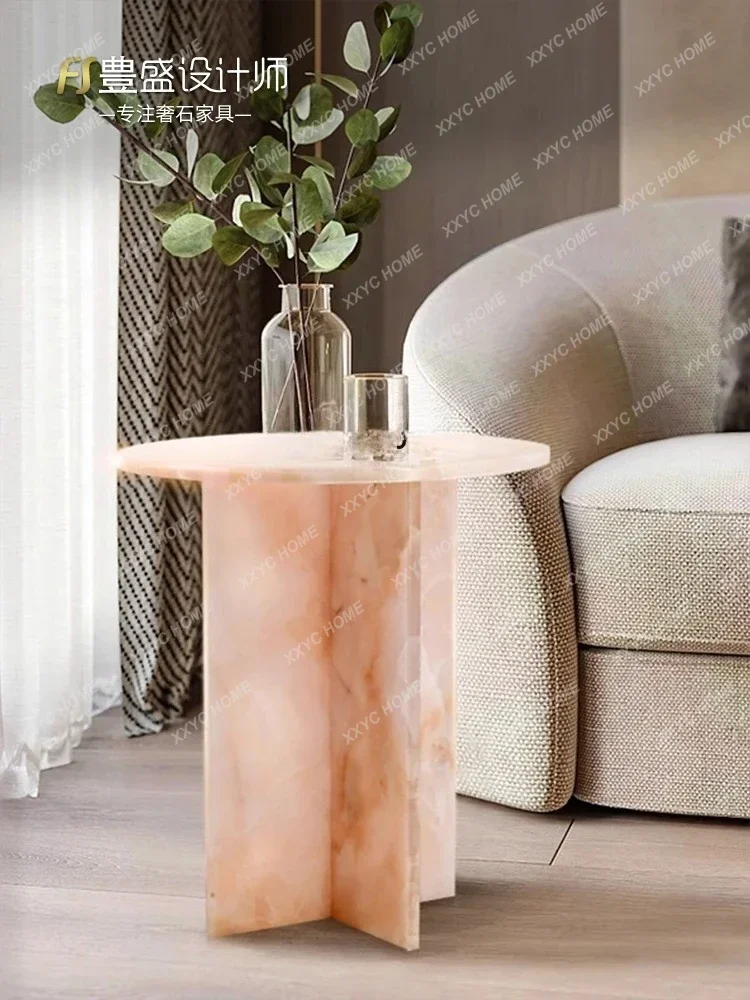 

A Italian light luxury marble edge living room sofa side table balcony pink jade bedside table