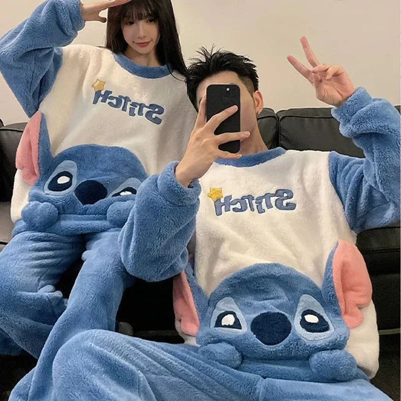 

Пижамы для пар Disney Stitch, мужские и женские осенне-зимние коралловые бархатные пижамы в стиле аниме, утепленная теплая домашняя одежда, милая одежда для сна