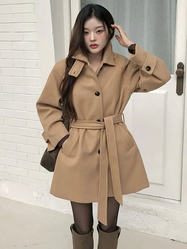 

Chic Winter Vintage Lapel Single Button Belted Woolen Coat Women's Mid-Length Plaid Outerwear Korean Sle Thiened Youth Fa...