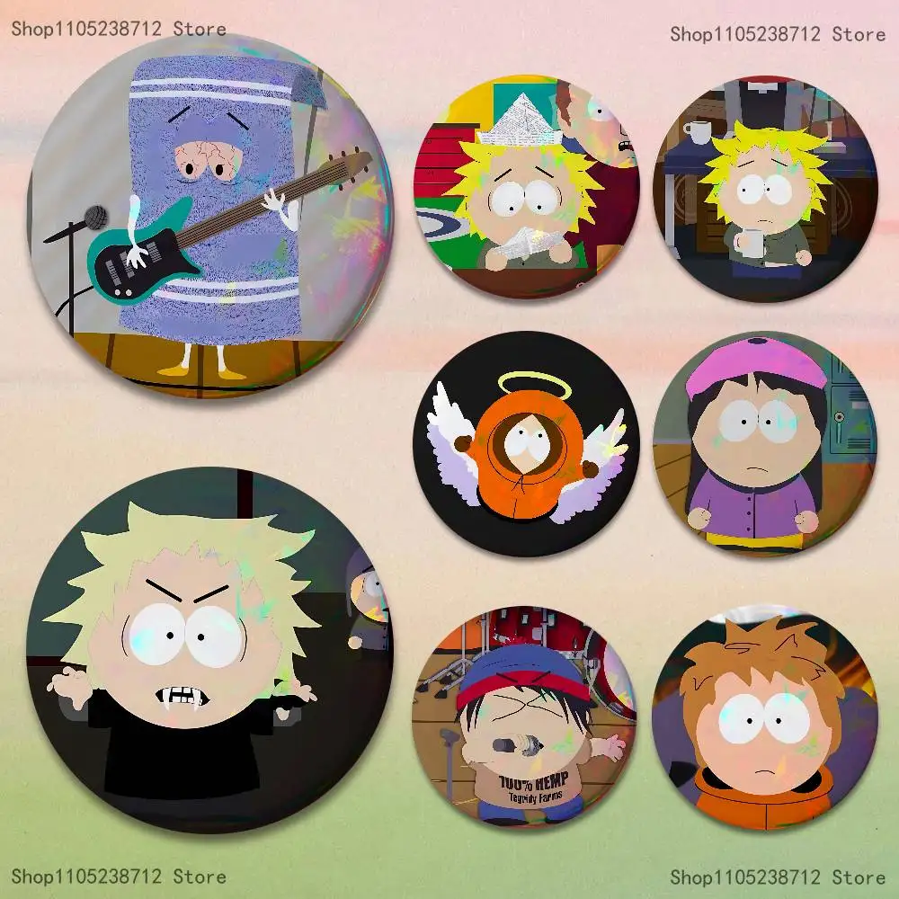 

Funny Cartoon S-South-S-P-Park Reflective Pin Tinplate Round Brooch Cartoon Cosplay Badges for Bag Hat Toys Gifts