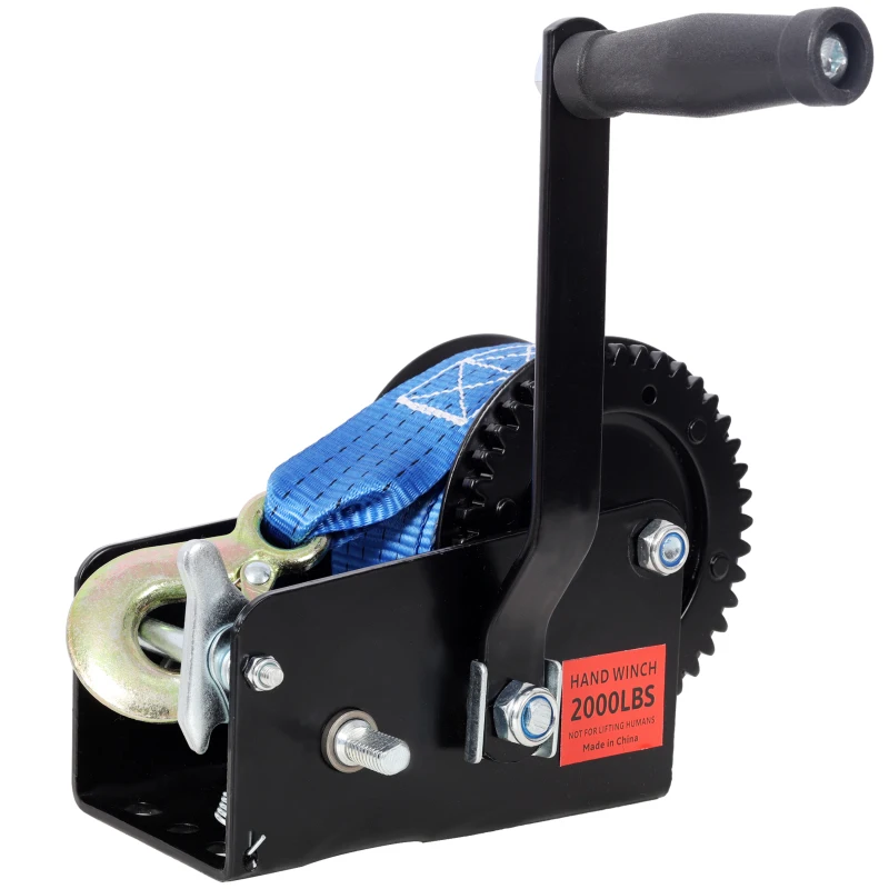 

2000LBS Hand Winch,with 26FT Blue Strap,Black Shell,4.1:2.4:1 Gear Ratio Portable Winch,Two-Way Ratchet,Manual Operated Hand Crank Winch for Trailer, Boat or ATV Towing