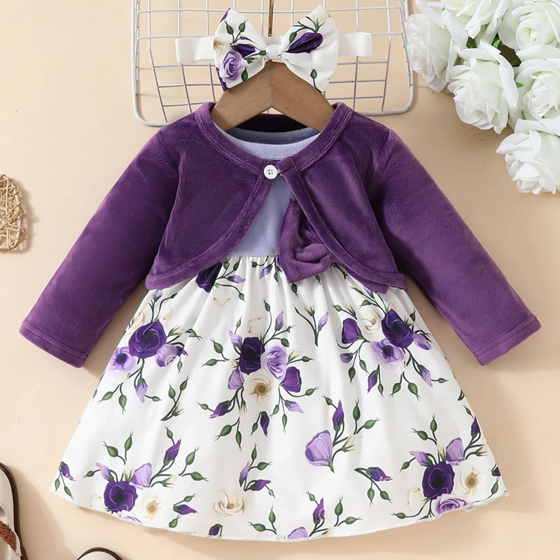 

3Piece Spring Autumn Girls Dresses Korean Fashion Cute Bow Flowers Fleece Tops+Toddler Birthday Dress Baby Newborn Items BC1405