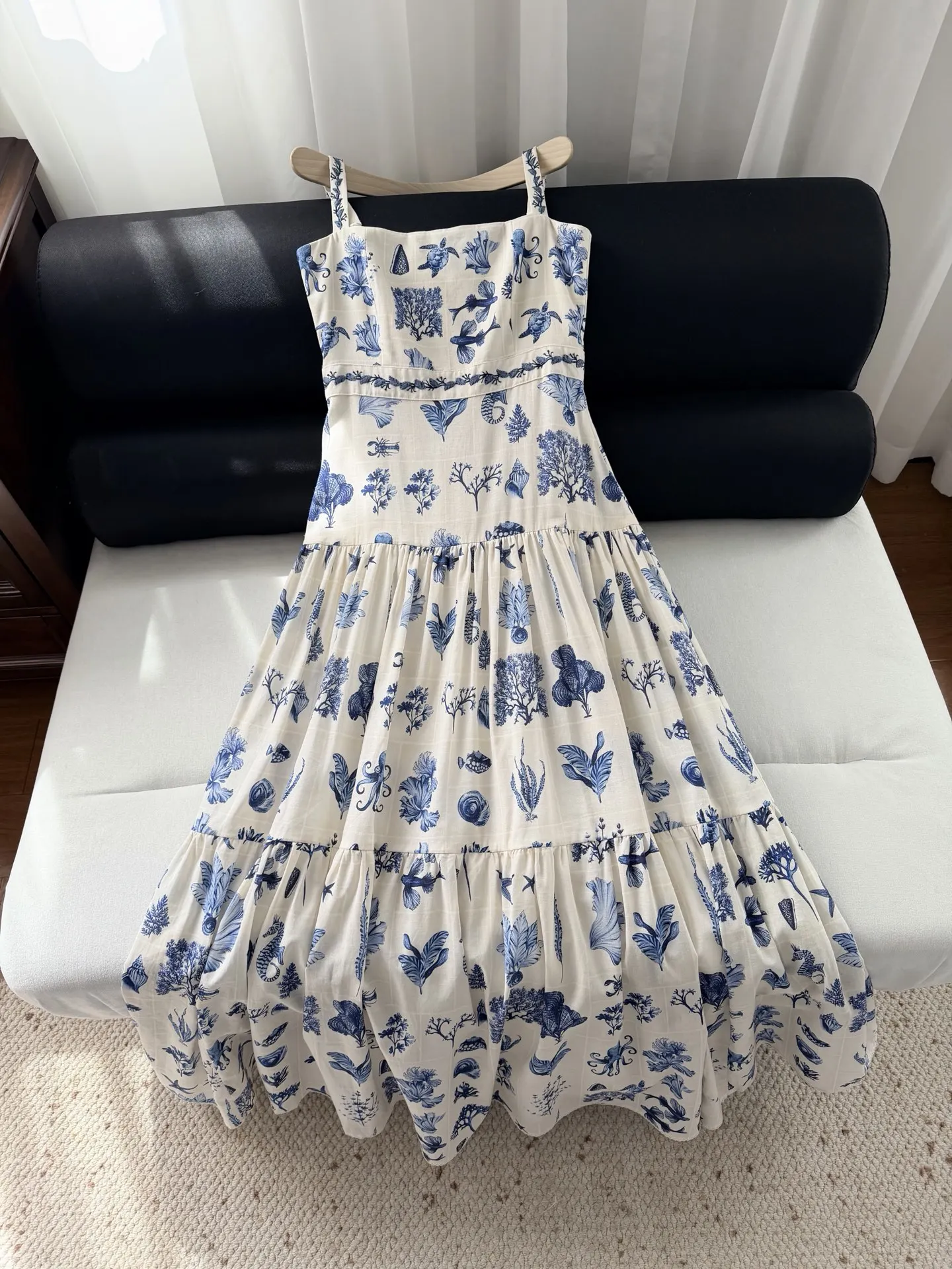 2026 Women 100% Linen Long Dress Blue Animal And Plant Printed Square Collar Sleeveless High Waist Holiday Style Robe