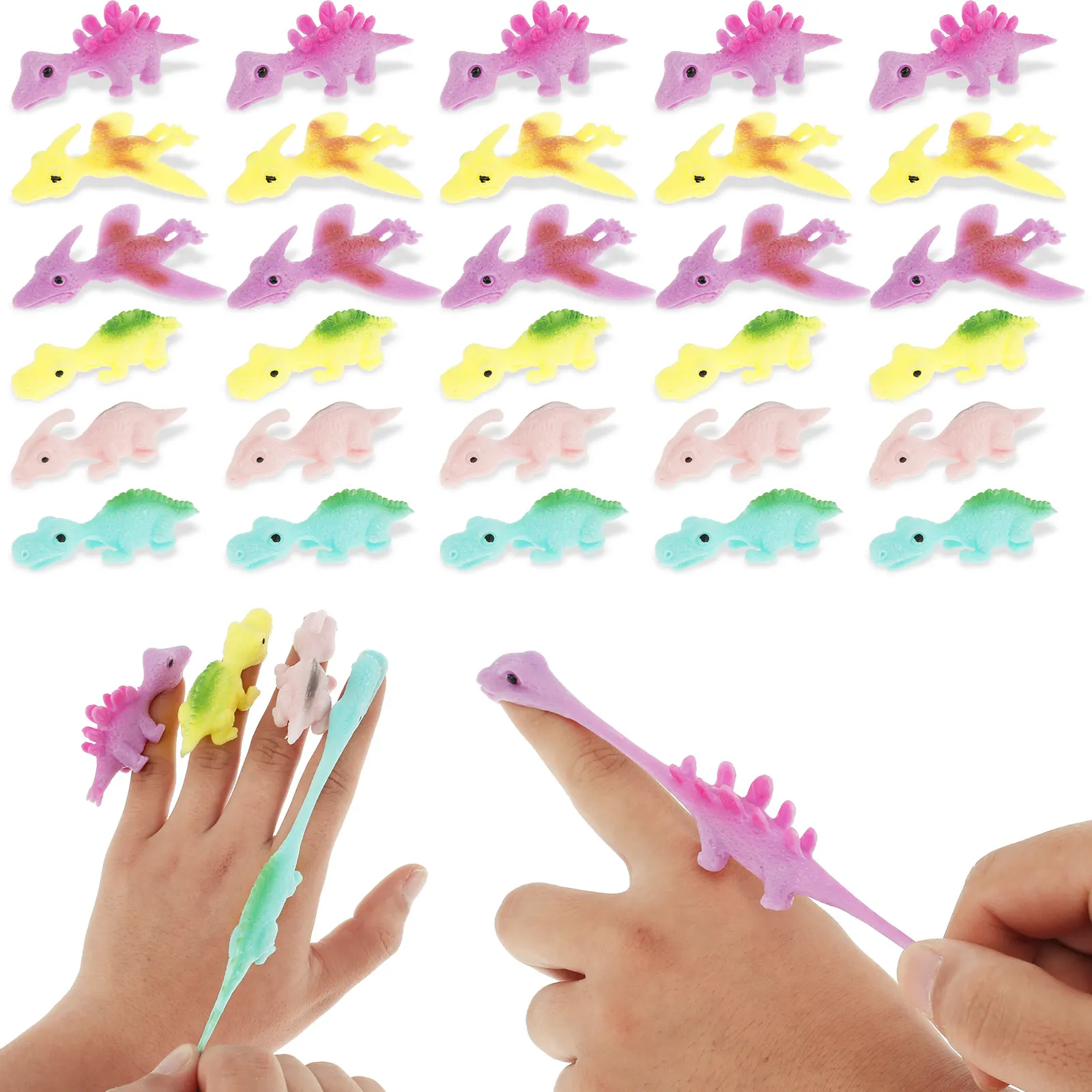 30Pcs Slingshot Dinosaur Finger Toys Stretchable Flying Dinosaur Toys Cute Funny Catapult Toys Colorful Flying Games Party