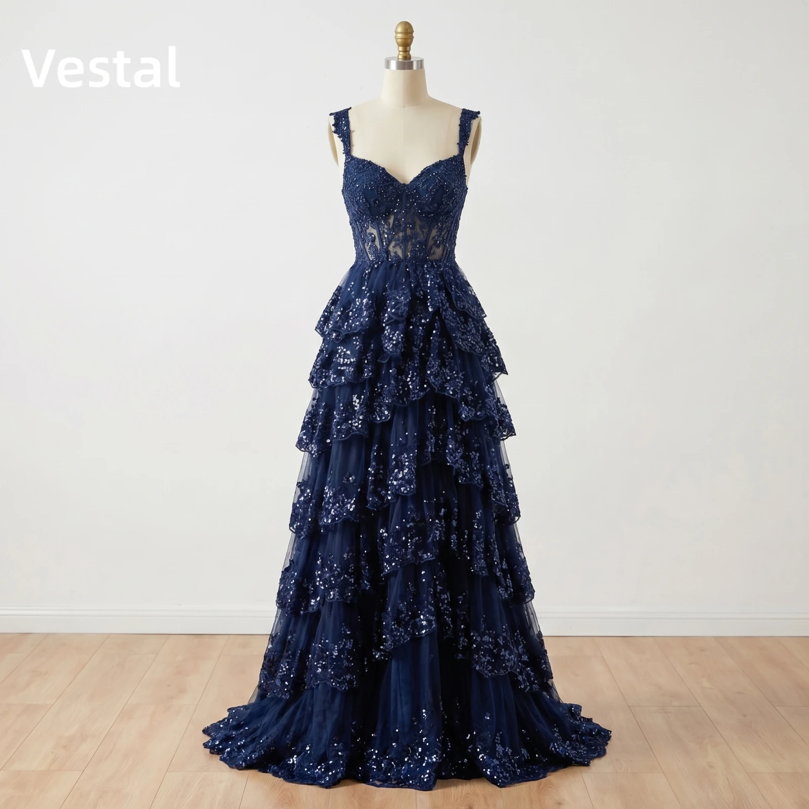 

Navy Blue A Line Prom Dress Tiered Sequin Sweetheart Spaghetti Strap Formal Evening Party Gown Customized