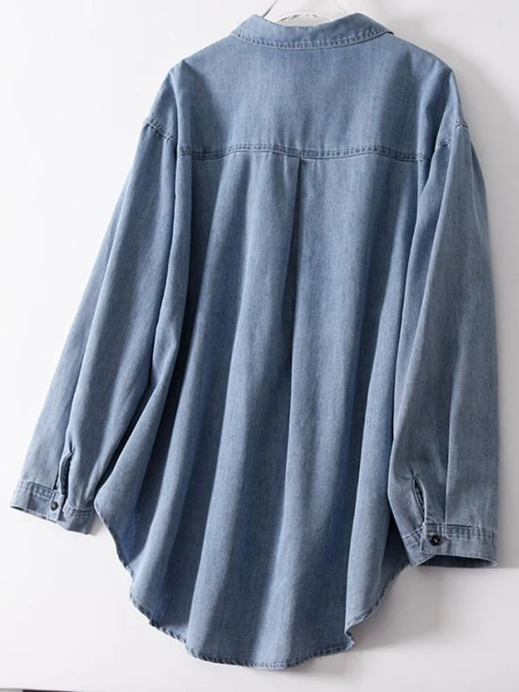 100% Cotton Women Denim Shirts Loose Vintage Designed Female Jeans Long Shirts Long Sleeve Blue Casual Streeetwear Tops