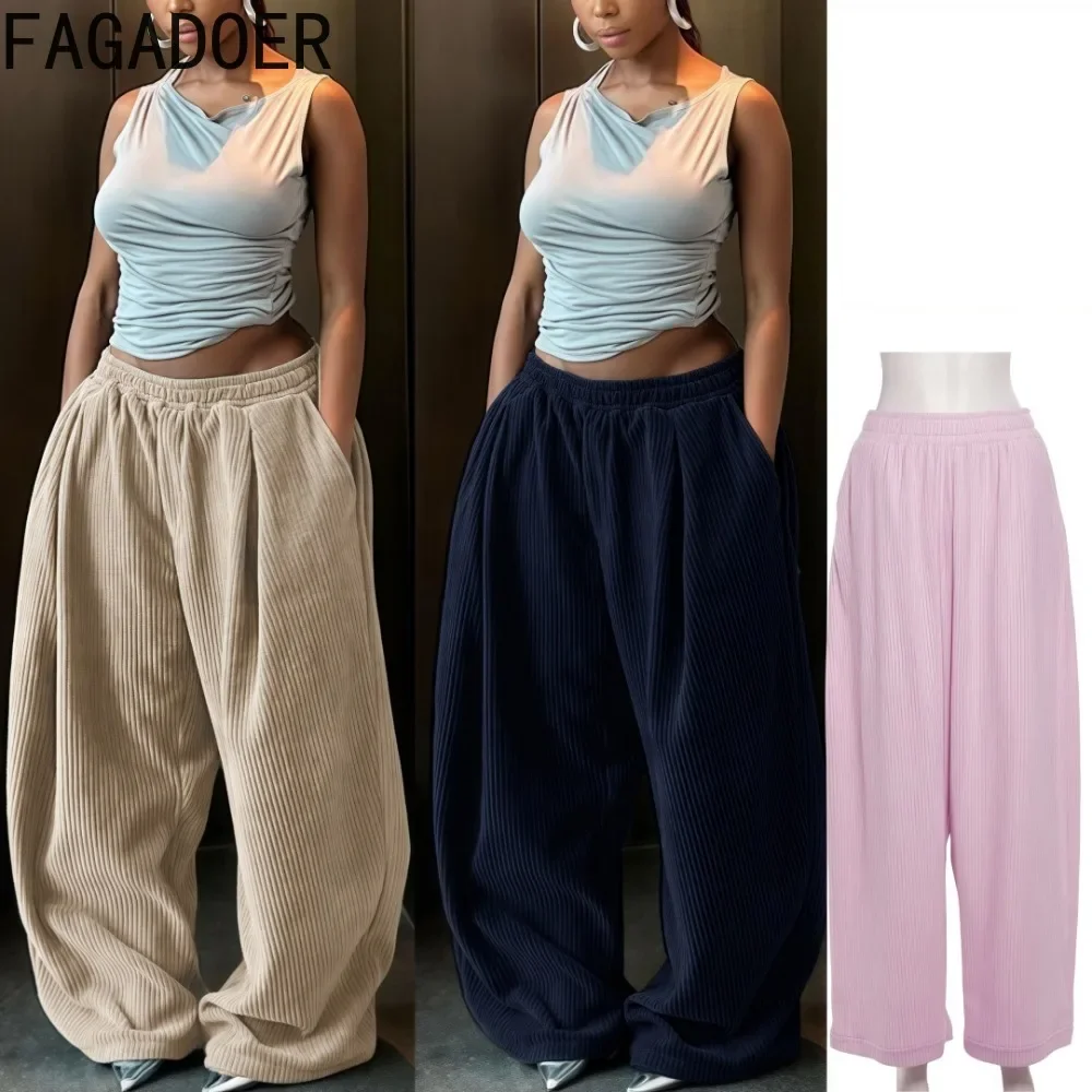 

FAGADOER New Spring 2025 Casual Ribbing Baggy Pants Women Solid Color Pocket Wide Leg Pants Female Streetwear Basic Bottoms