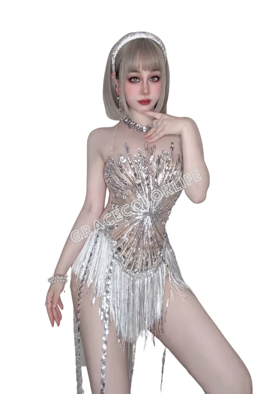 

Women Tassels Diamonds Costumes Performance Show Shining Dance Dress