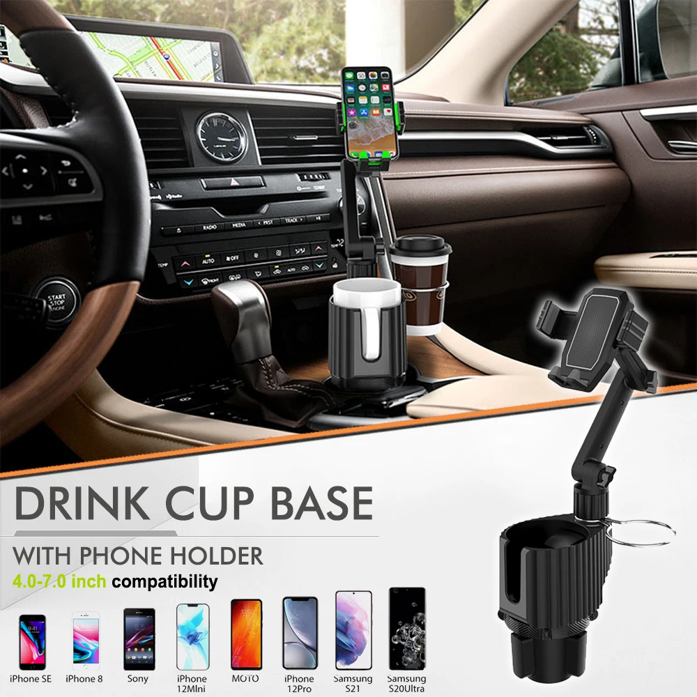Car Cup Holder Mobile Phone Holder with Dual Cup Holders and Beverage Holder, 360-Degree Adjustable Base, GPS Navigation Mount