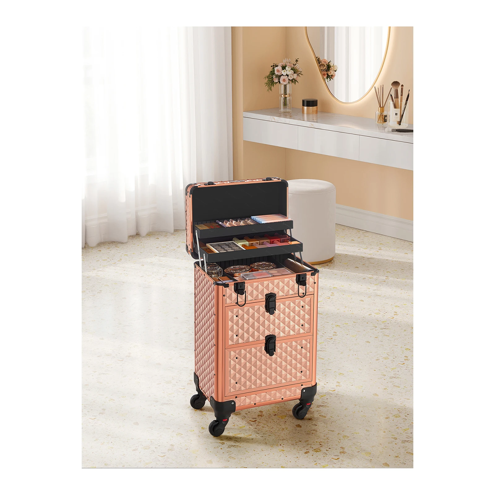 SONGMICS Makeup Trolley, Beauty Case on Wheels, 2 Drawers, 34 x 24 x 56 cm, 360° Rotatable Castors, Hairdressers/Artists