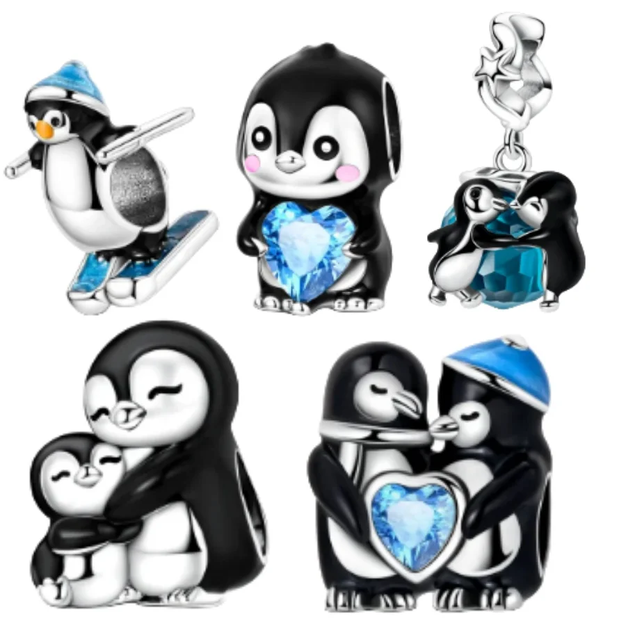 

925 Sterling Silver Cute Penguin Charms Bead Blue Heart Zircon Winter Pendants Fit Original Bangle Bracelet DIY Jewelry Gift