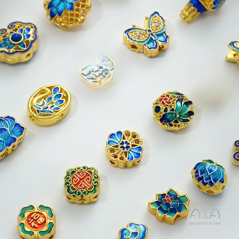 

Copper Gold-plated Color Butterfly Auspicious Cloud Lotus Chinese Knot Back Cloud Fu Character Cloisonne Bead DIY Accessories