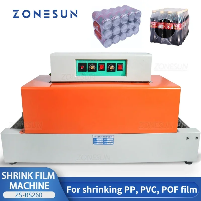 ZONESUN ZS-BS260 Heat Shrink Tunnel Machine POF PVC PP Film Wrap Packager for Beverage Can Bottle Food Box Sealing Equipment