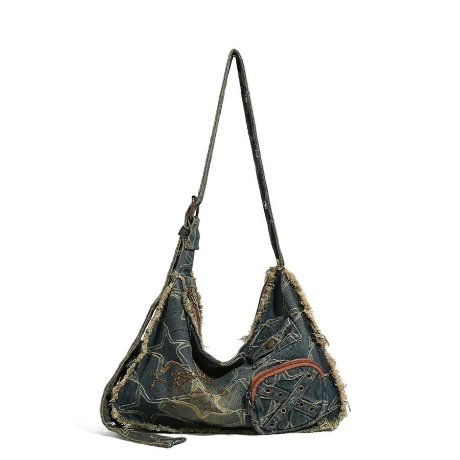 

Retro y2k washed denim bag star rivet tassel hand bag large-capacity commuter tote bag underarm shoulder crossbody bag for women