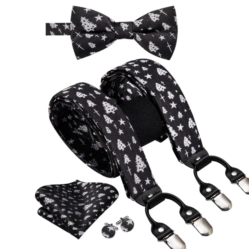 Suspender de seda preto branco de árvore de Natal para homens, laço de Natal, couro metal, chaves 6 clipes, moda