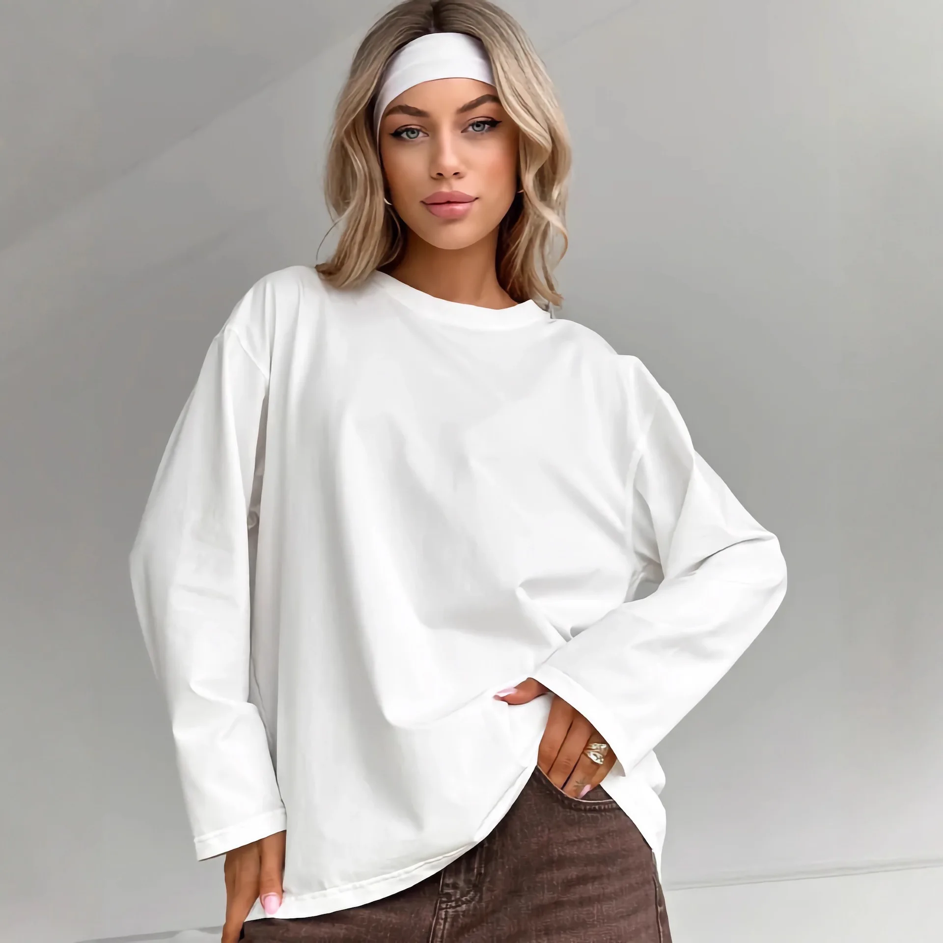Vintage Top O-Neck Blouse Loose Ladies T-shirt Streetwear Loose Pullovers Women's Oversized Long Sleeve Shirts For Women Basic
