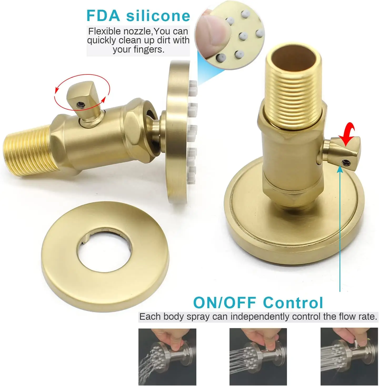 (Upgrade) Solid Brass Shower Jets with On Off Switch Brushed Gold Round Shower Body Sprays Massage Wall Jets Rotating