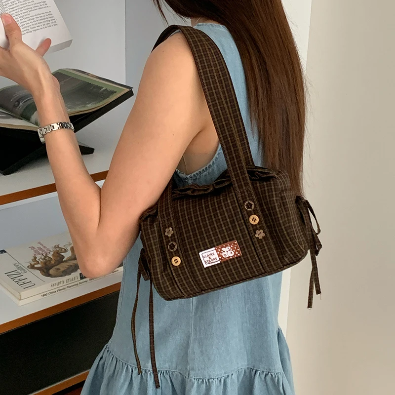 Korean Sweet Plaid Tote Bag Vintage Preppy Women's Shoulder Bag With Wooden Button ＆ Floral Decor Casual Commuting Underarm Bag