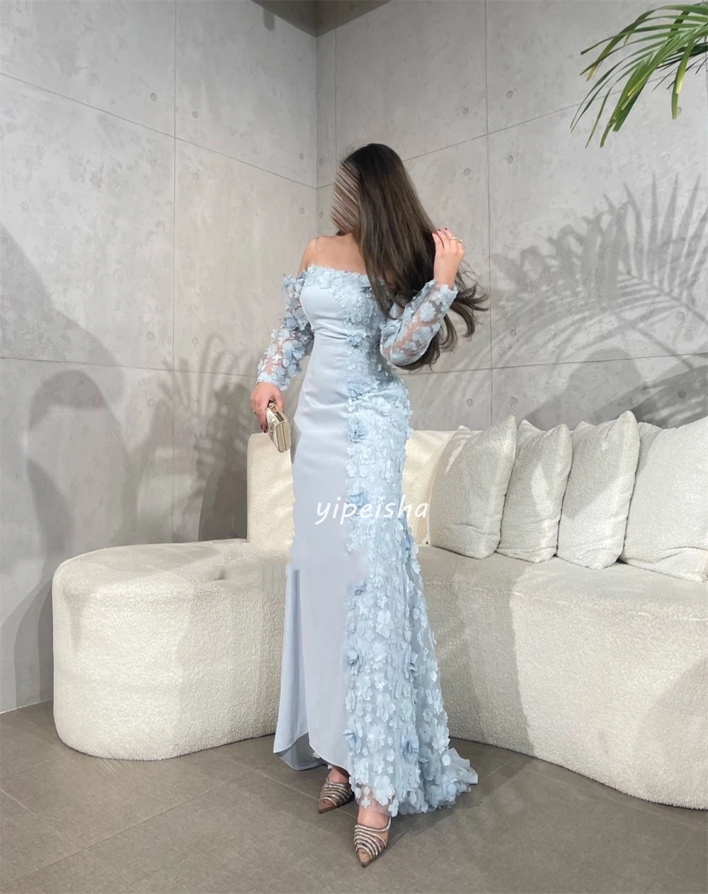 Customized Exquisite Jersey Applique Sequined Flower Handmade Flower Straight Off-the-shoulder Long Dresses Cocktail Dresses Sim